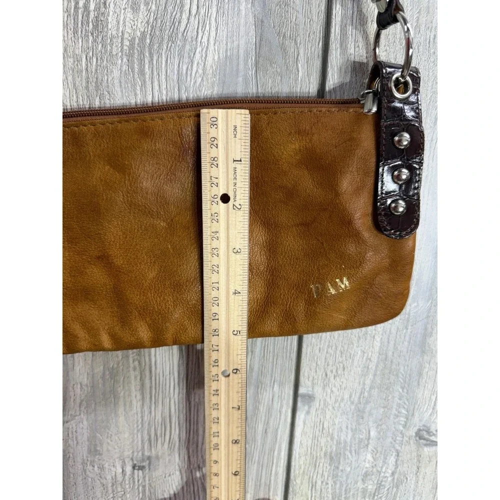 Lavorazione Artigianale Italy Tan Leather Foldover Crossbody Bag Croc Trim PAM